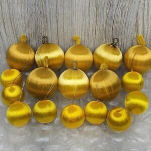 Vintage Gold‎ Satin Thread Christmas Ornaments Set 17 Mid Century Holiday Balls